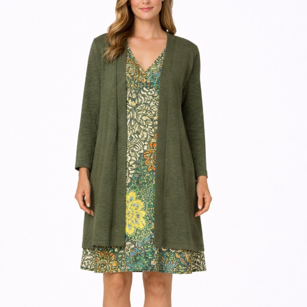 d&co Denim & Co Linen Blend Open Cardigan 3/4 Sleeve Olive XXS